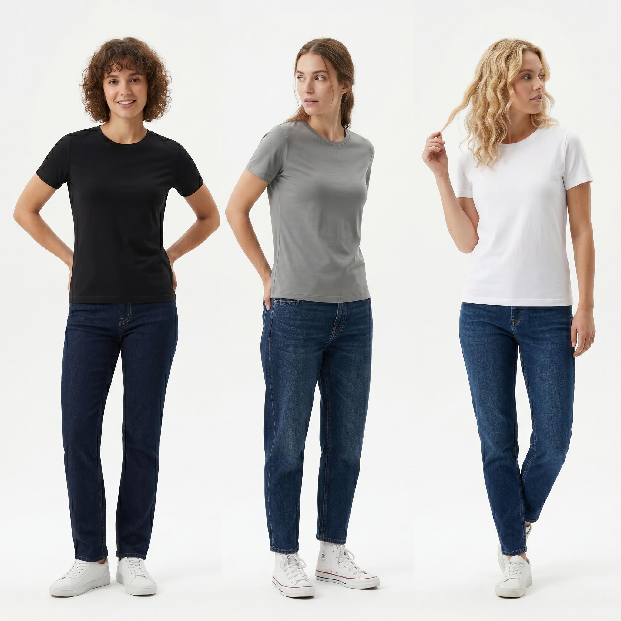3 Pack Women's 100% Cotton T-Shirts | Soft Breathable Crew Neck Everyday Essential Tees Black Grey White