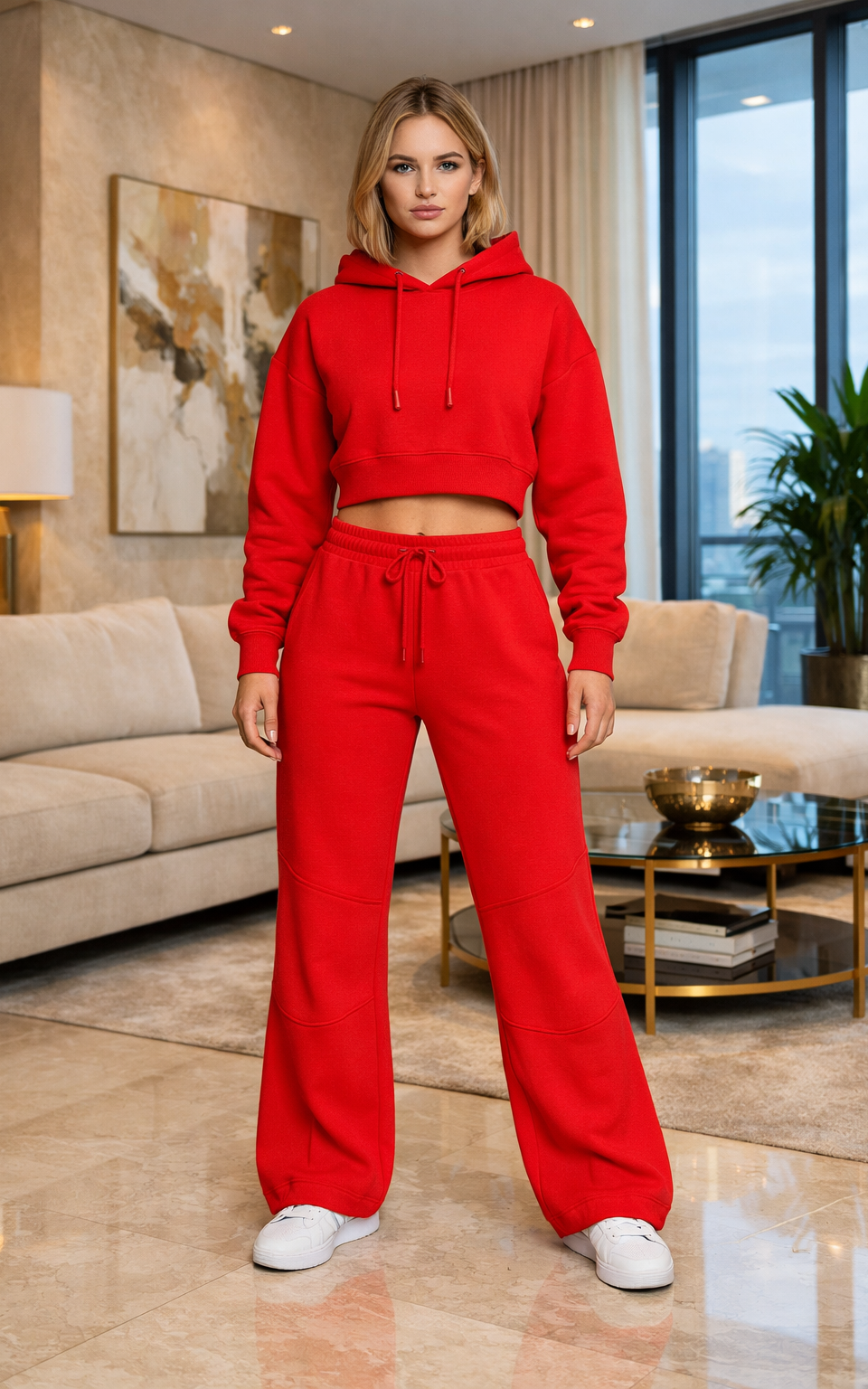 Red Crop Hoodie Tracksuit