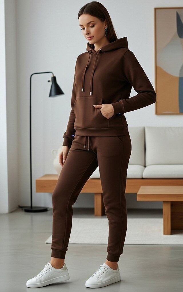 Chocolate Brown Pullover Hoodie Tracksuit for Women – Casual & Comfortable Activewear