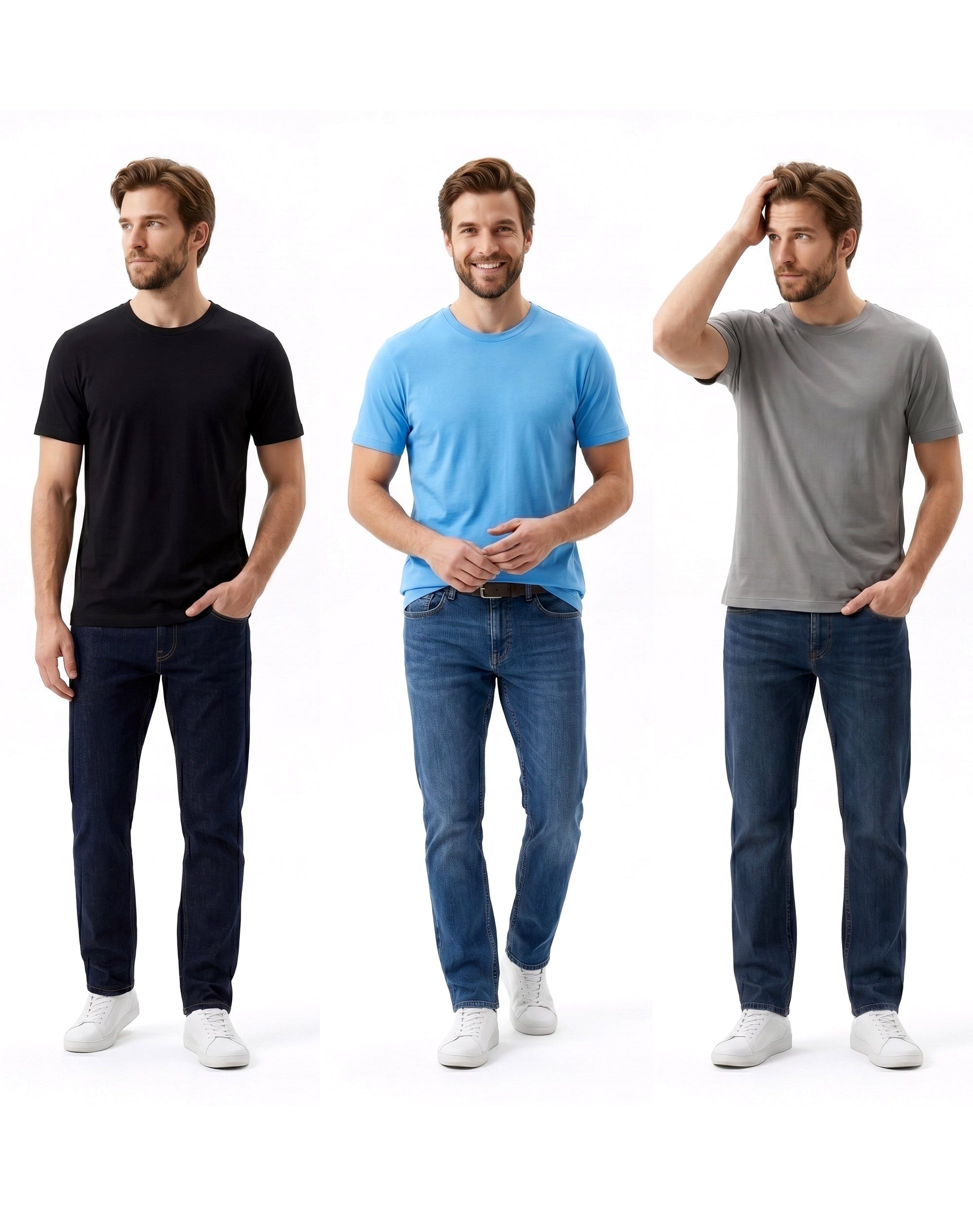 Men's 3 Pack Crew Neck Tee Black Sky Grey