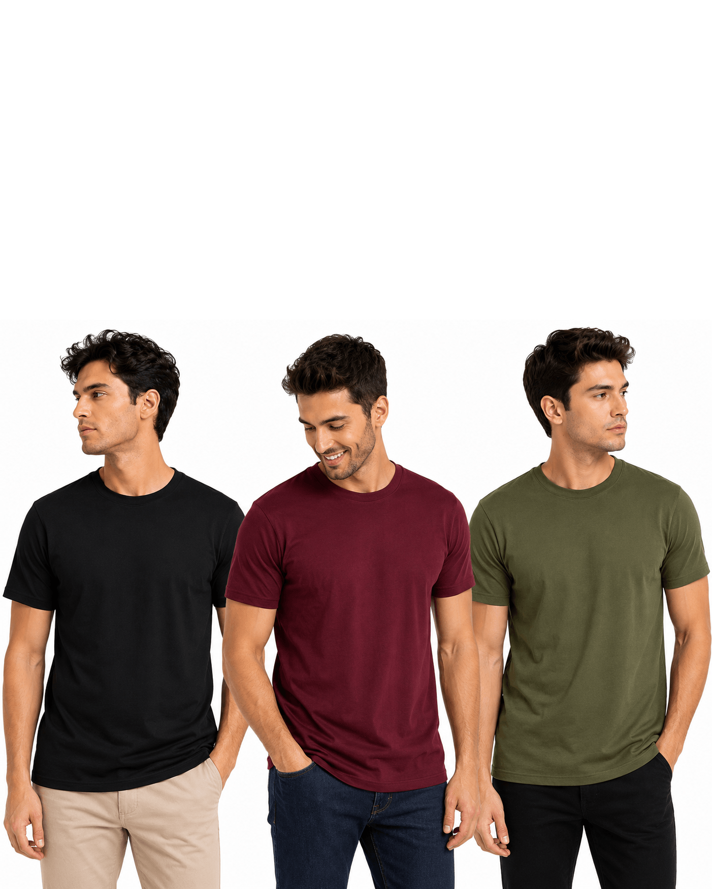 Men's 3 Pack Crew Neck Tee Black Burgandy Green
