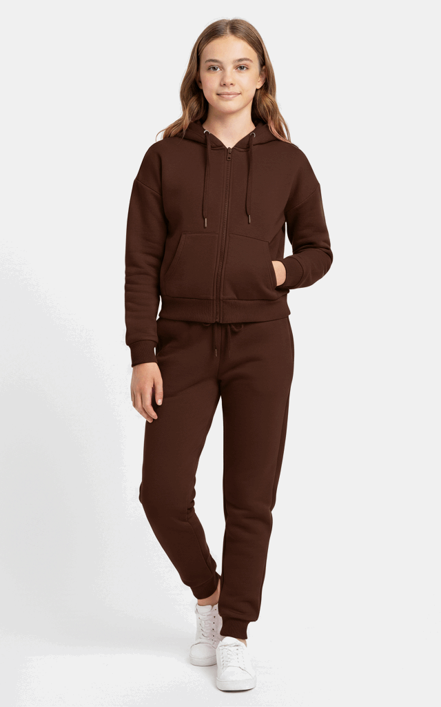 Zipper Hoodie Tracksuit for Girls – Stylish & Cozy Everyday Chocolate Brown