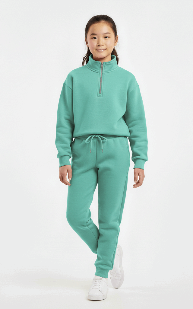 Quarter-Zip Sweatshirt Tracksuit for Girls – Trendy & Comfortable See Green