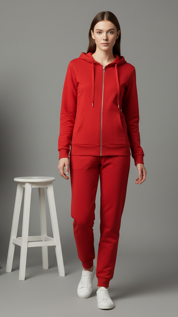 Red Zipper Hoodie Tracksuit Women with Jogger Set - Extra Premium Cotton