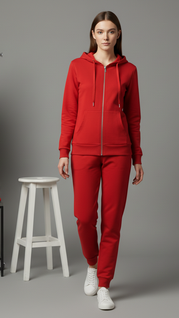 Red Zipper Hoodie Tracksuit Women with Jogger Set - Extra Premium Cotton