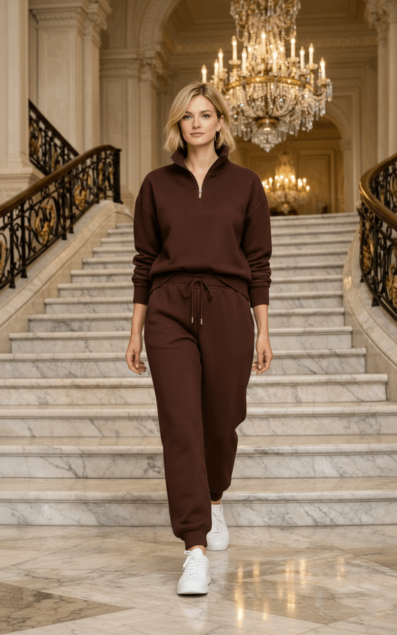 Velour Quarter Zipper Tracksuit Chocolate Brown