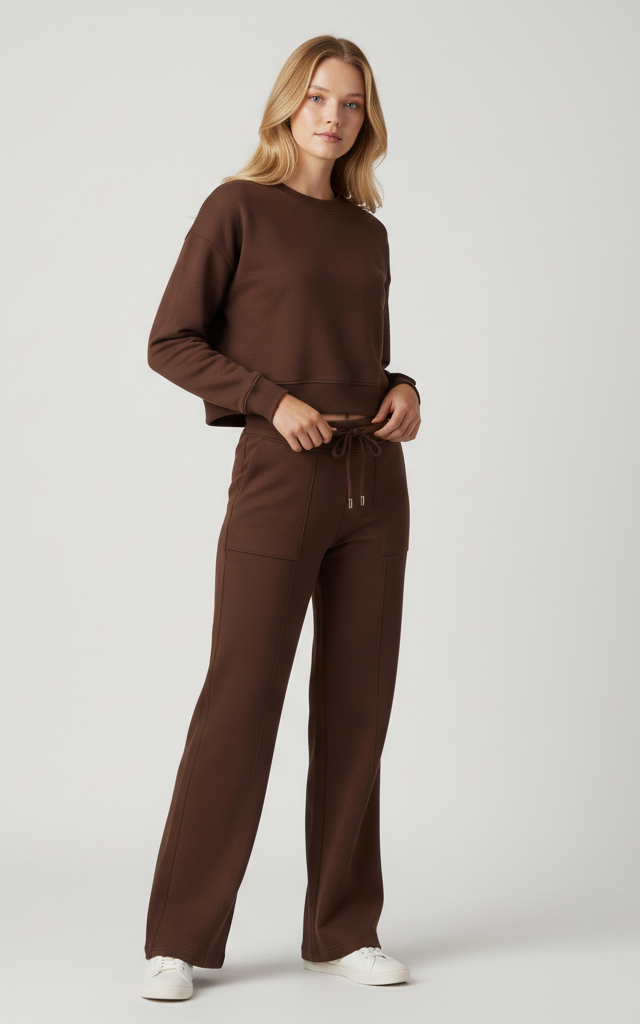 Chocolate Brown Crop Hoodie & Wide Leg Trouser Tracksuit 2-Piece Lounge Set Loungewear