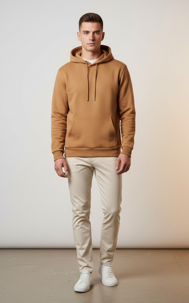 Camel Cotton Lightweight Casual Pullover Drawstring Hoodie With Kangroo Pocket