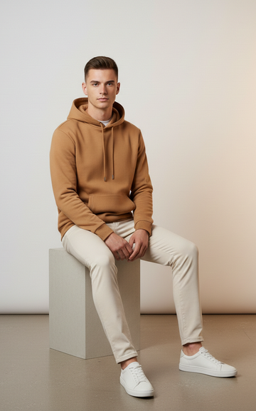 Camel Cotton Lightweight Casual Pullover Drawstring Hoodie With Kangroo Pocket