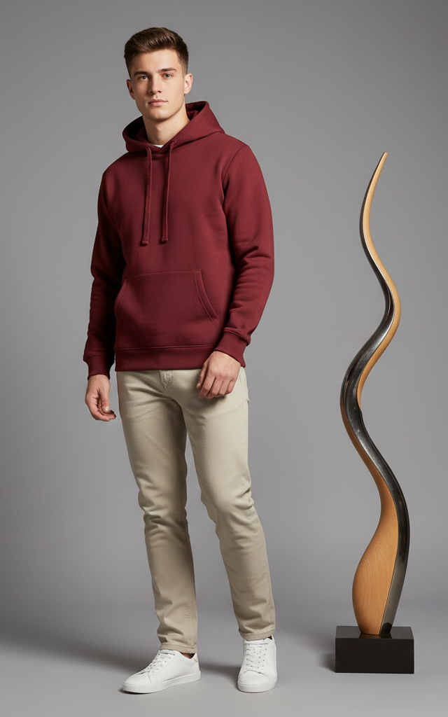 Maroon Mens Casual Cotton Hooded Collar Drawstring Hoodies Pullover Sweatshirts Casual Long Sleeve Shirts