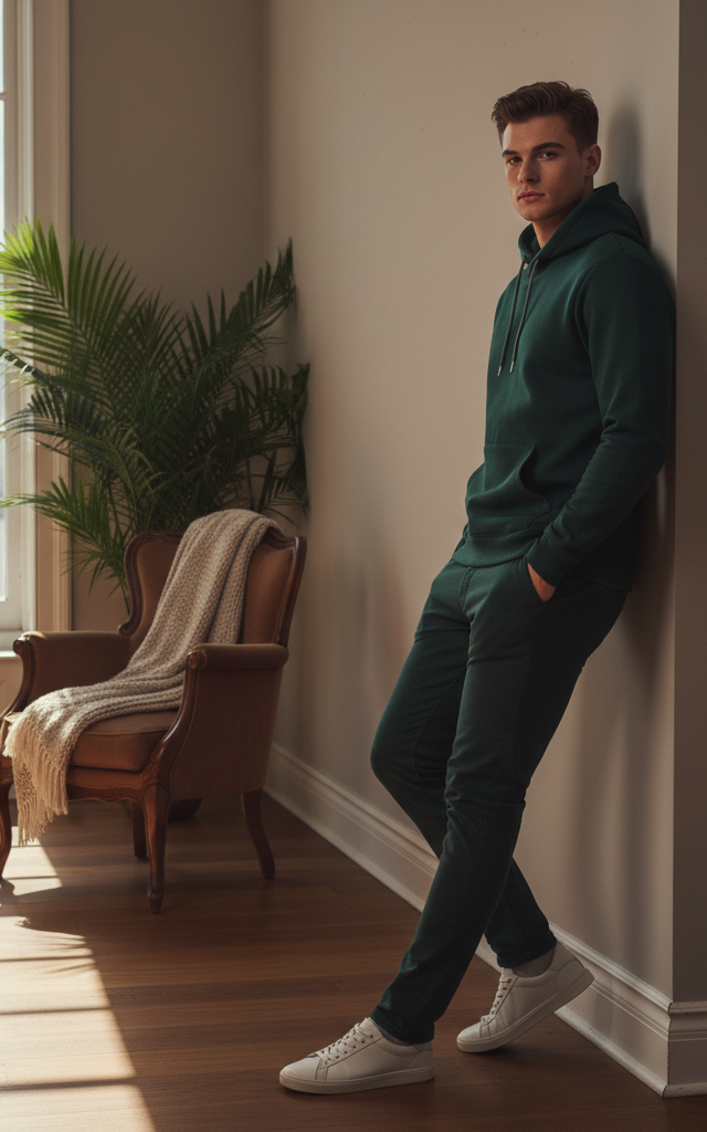 Bottle Green Pullover Hoodie for Men - Casual Cotton Blend Sweatshirt Comfort Essentials Hoodie