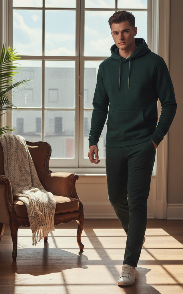 Bottle Green Pullover Hoodie for Men - Casual Cotton Blend Sweatshirt Comfort Essentials Hoodie